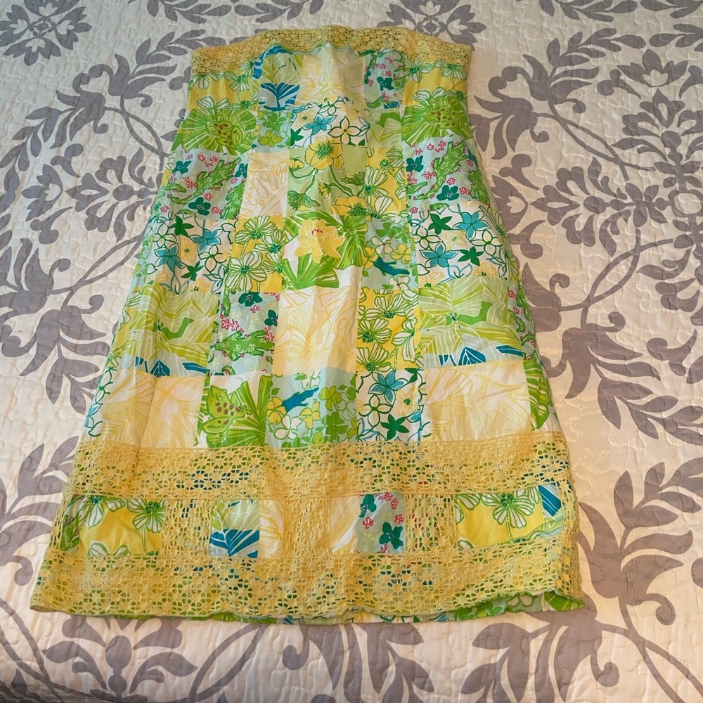 Lilly Pulitzer Yellow Green Floral Patchwork Strapless Dress